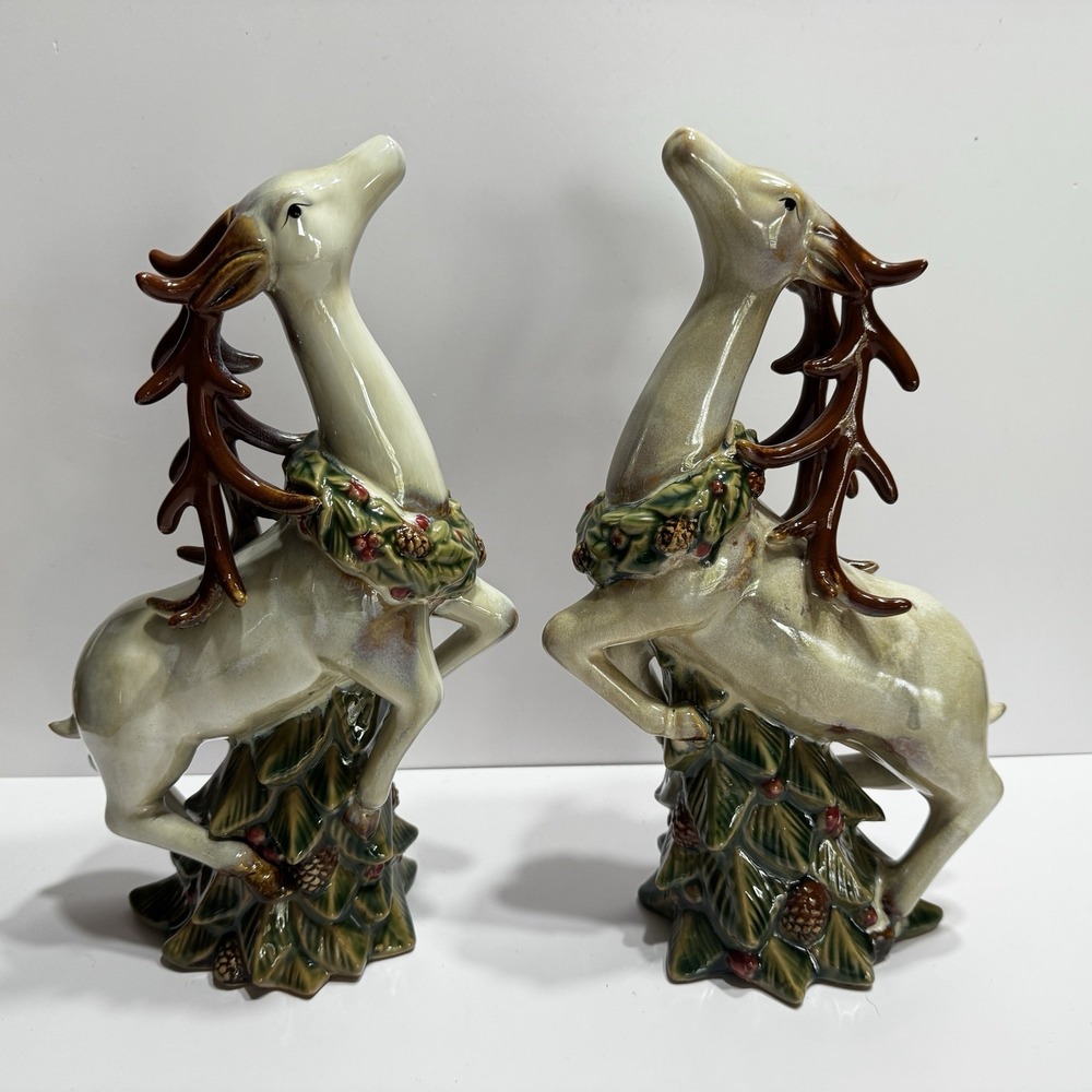 Lot Of 2 Cracker Barrel Christmas Ceramic Reindeer Holiday Decor Figure Pair 11"
